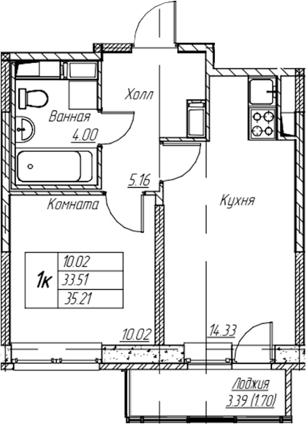 1-комнатная квартира 35.21 м², 6/22 эт., ЖК «Парк-квартал Юнтолово»